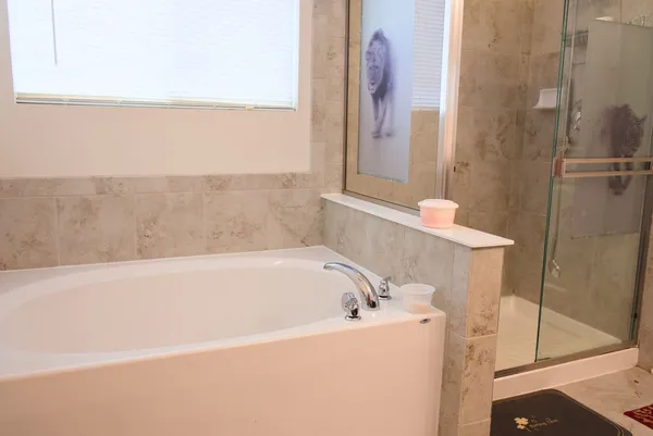 a bathroom with a bathtub and shower