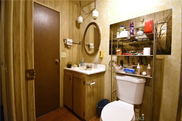a bathroom with a sink mirror and toilet