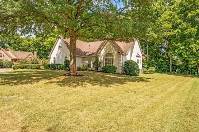 a view of a house with a yard and large tree
