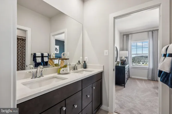 a bathroom with a sink double vanity and a mirror