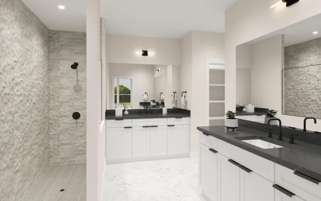 a bathroom with a double vanity sink mirror and shower