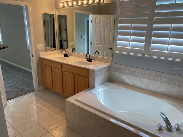 a bathroom with a tub sink and mirror