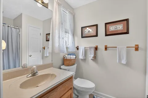 a bathroom with a sink a toilet and shower curtain