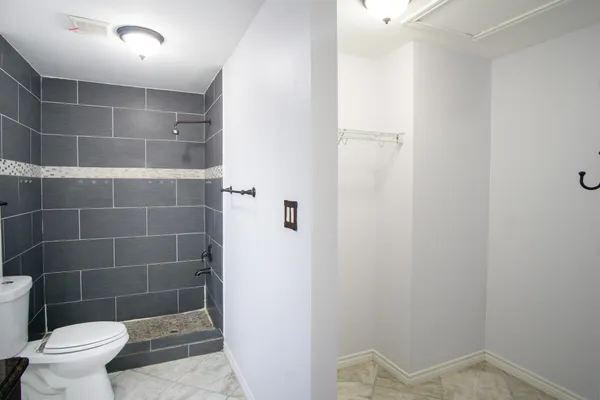 a bathroom with a toilet and a shower