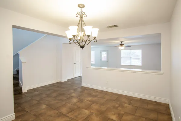 a view of a chandelier in a room