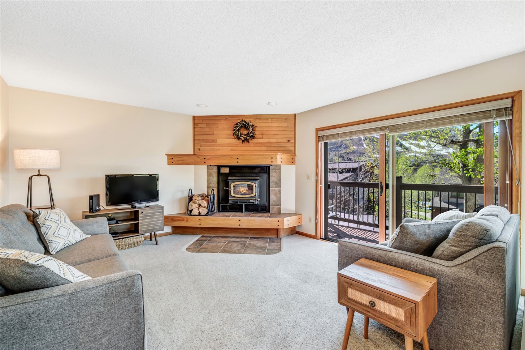 1675 Ranch Road, Unit 411 Steamboat Springs, CO 80487 - Photo 1 of 48 Carpeted living room with a wood stove and mountain views