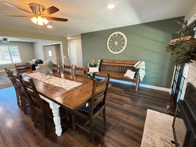 a view of a table and chairs in a room