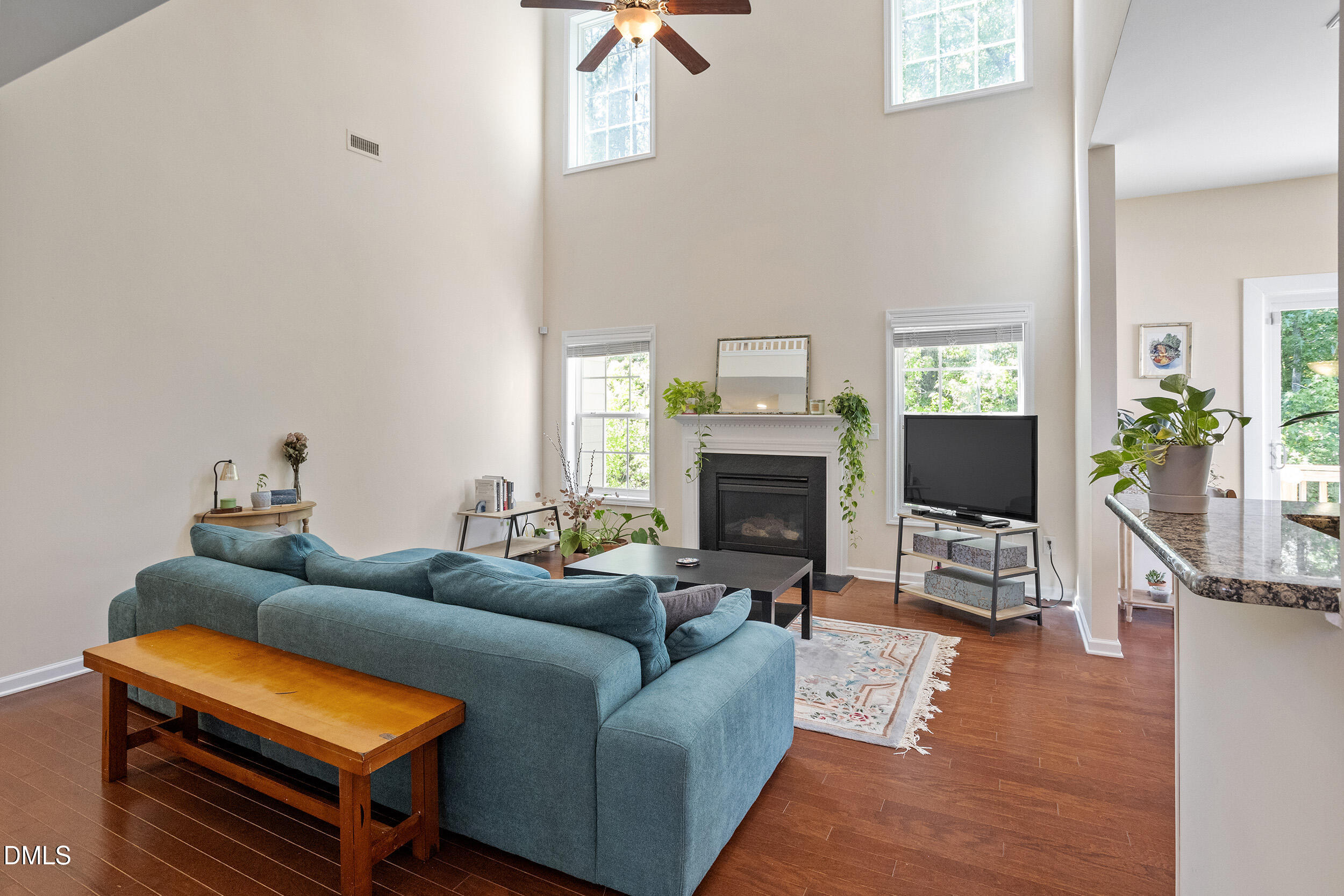235 Strolling Way Durham, NC 27707 - Photo 16 of 32 a living room with furniture a flat screen tv and a fireplace