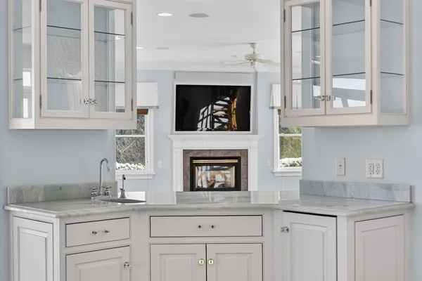 a view of an empty room with windows