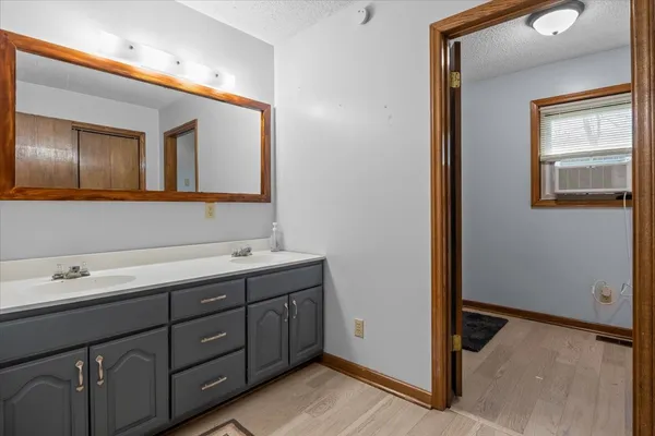 a bathroom with a sink and a mirror