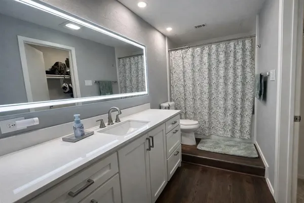 a bathroom with a double vanity sink toilet and a mirror