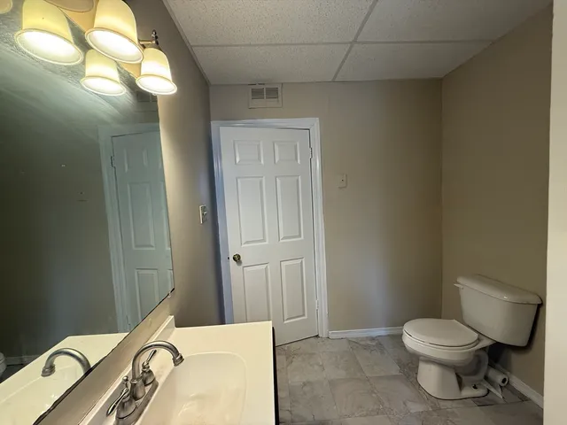 a bathroom with a granite countertop toilet and a sink