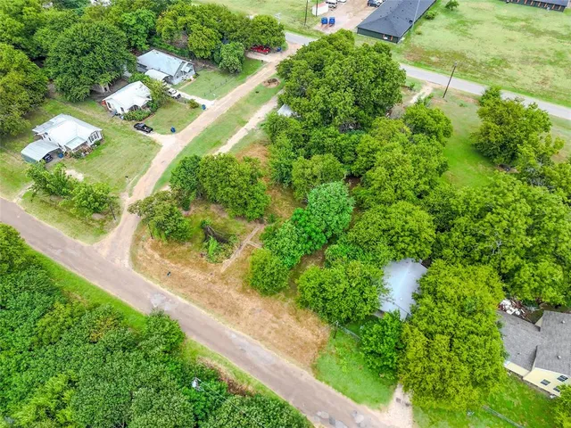 an aerial view of residential houses with outdoor space and trees