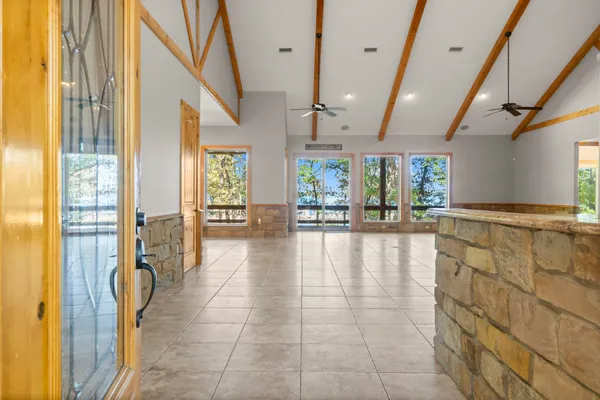 a view of an entryway with a chandelier