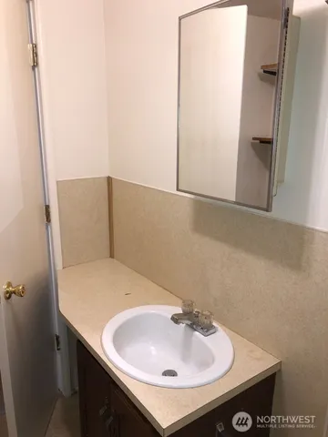 a bathroom with a sink and a mirror