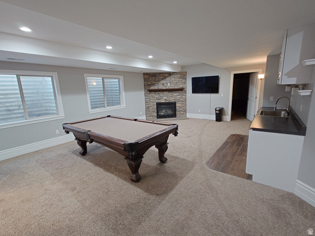 552 Sunset Crest Way Draper, UT 84020 - Photo 47 of 68 Game room with a stone fireplace, billiards, and light carpet