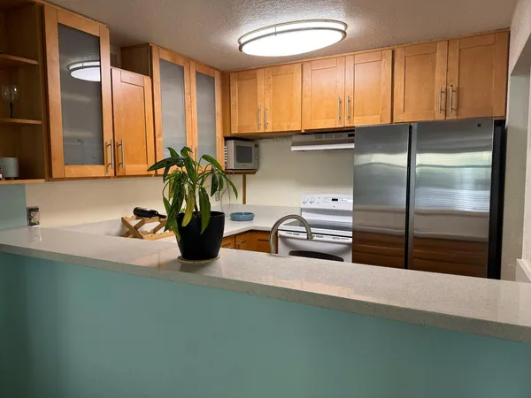 a kitchen with a refrigerator and a sink