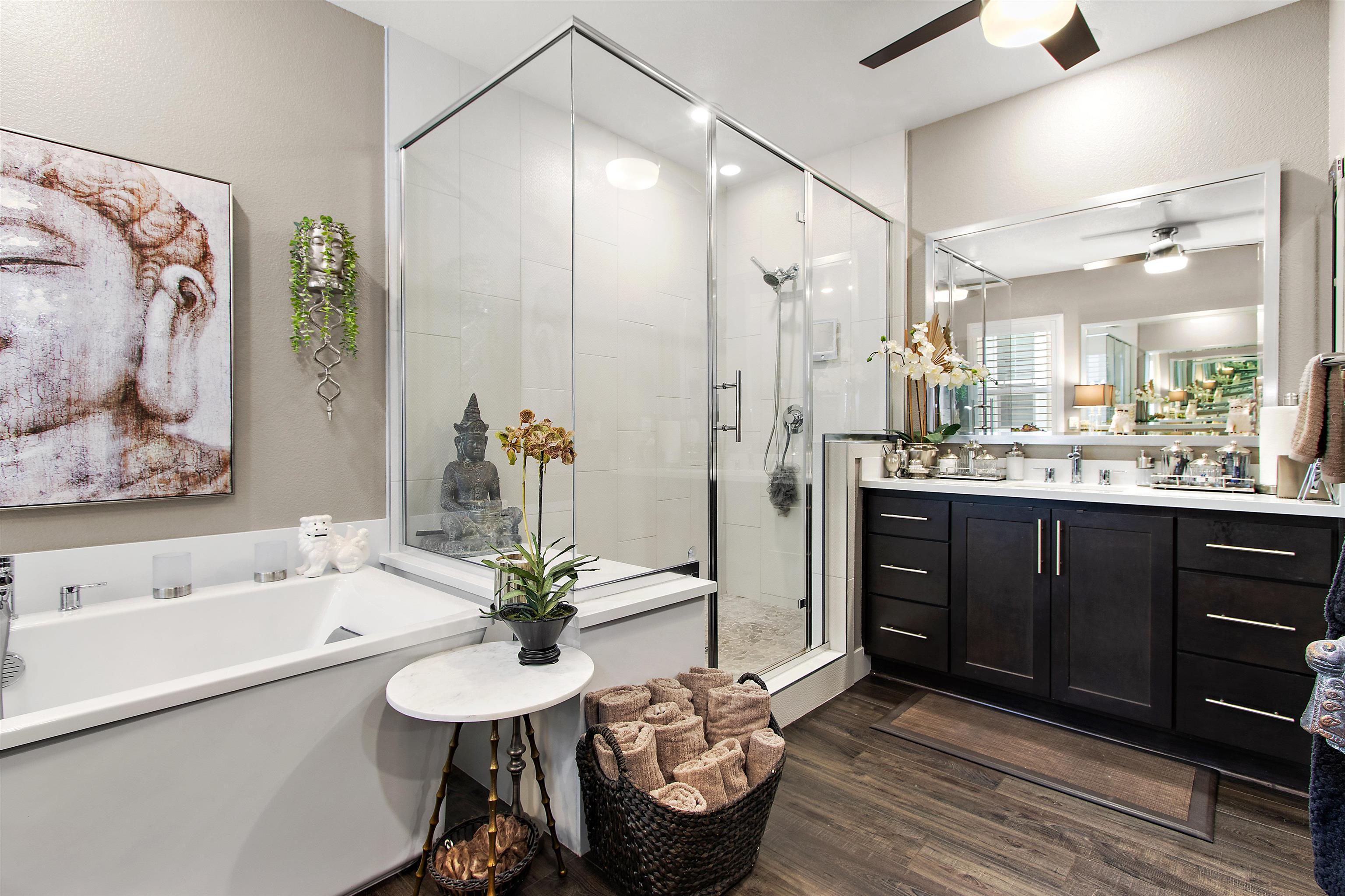 1311 Amalfi Court San Ramon, CA 94583 - Photo 32 of 59 a spacious bathroom with a sink double vanity granite tub shower and a mirror