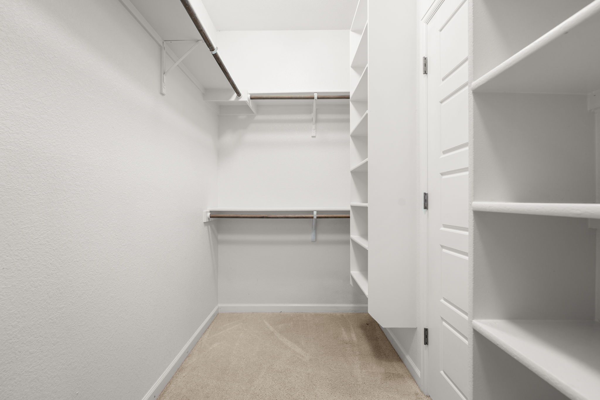 4403 Swift Path Austin, TX 78741 - Photo 16 of 32 Walk-in closet featuring extensive built-in shelving, multiple hanging rods, and light-toned carpeting