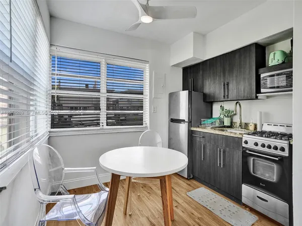 a kitchen with stainless steel appliances a stove a sink refrigerator and a microwave