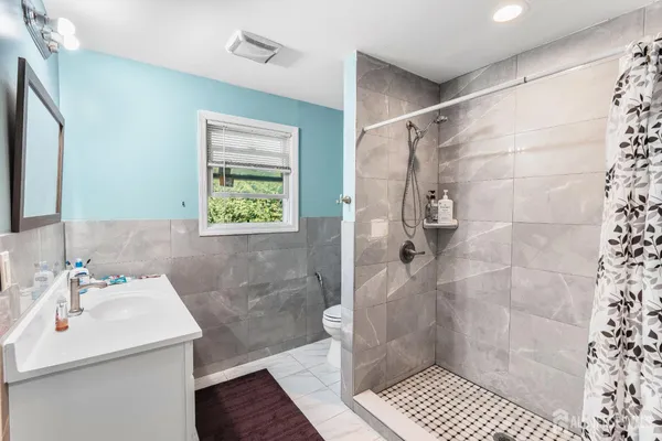a bathroom with a sink a shower and a toilet