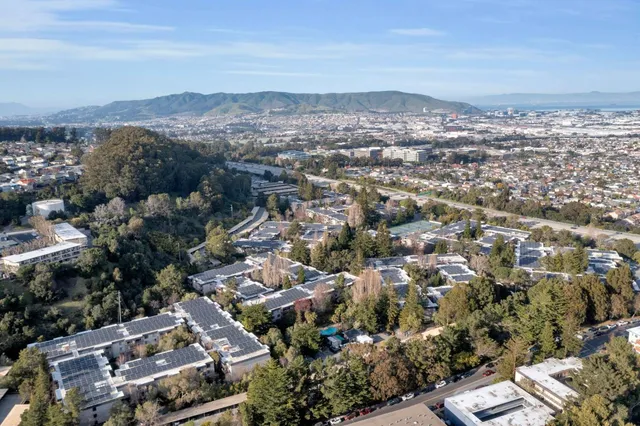 an aerial view of residential building and green space