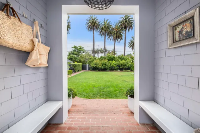 a view of a city street and a mountain view