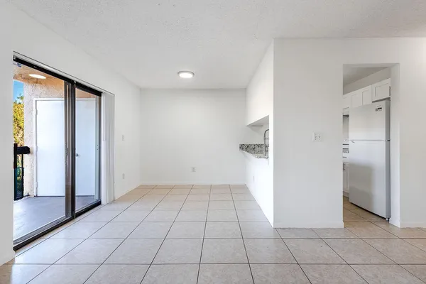 an empty room with a natural light and fireplace