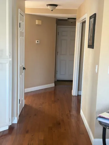 a view of hallway with walk in closet and wooden floor