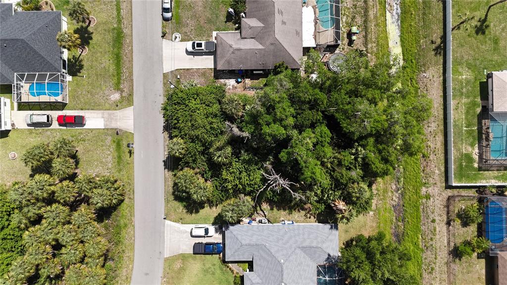 an aerial view of a house with a yard fountain and large tree