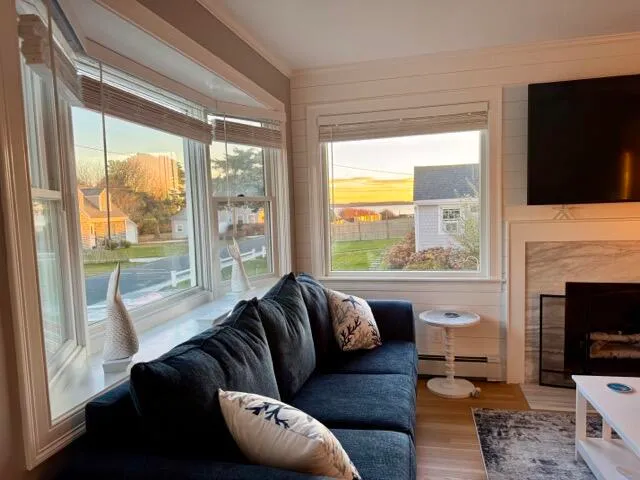 a living room with furniture tv and a fireplace
