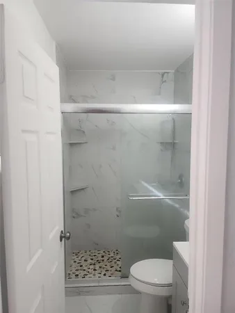 a bathroom with a shower and a toilet