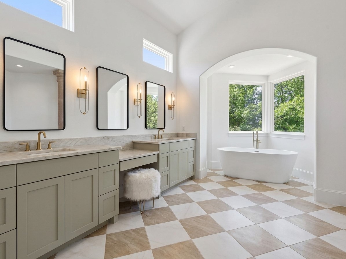11620 Musket Rim Street Austin, TX 78738 - Photo 13 of 32 a bathroom with a double vanity sink a mirror and a bathtub