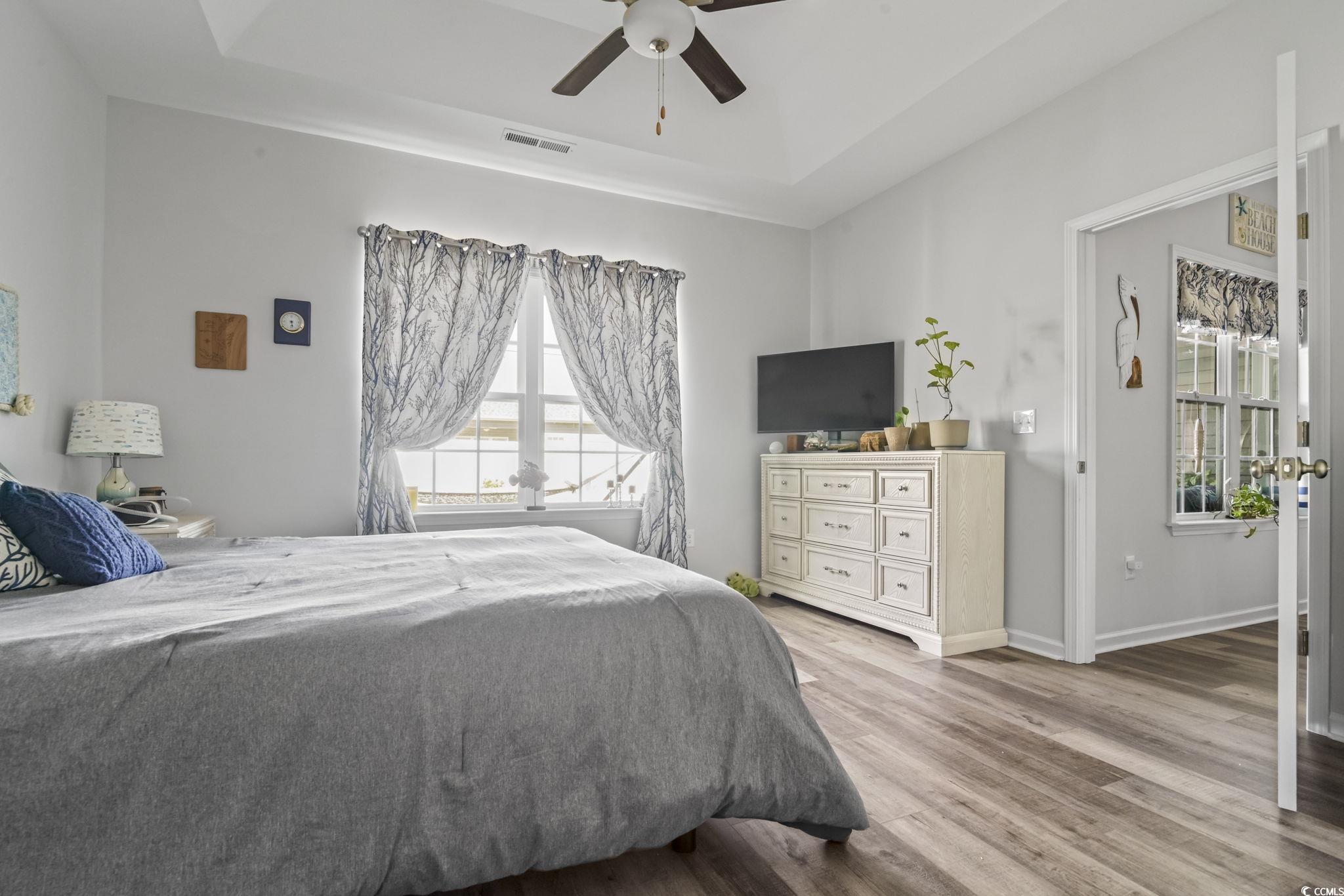 308 Concorde Drive Georgetown, SC 29440 - Photo 21 of 40 Primary Bedroom featuring a tray ceiling, luxury vinyl plank floors and ceiling fan