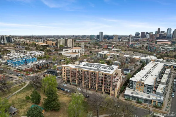 a city view with tall buildings