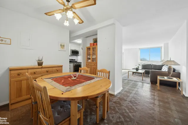 a view of a dining room with furniture