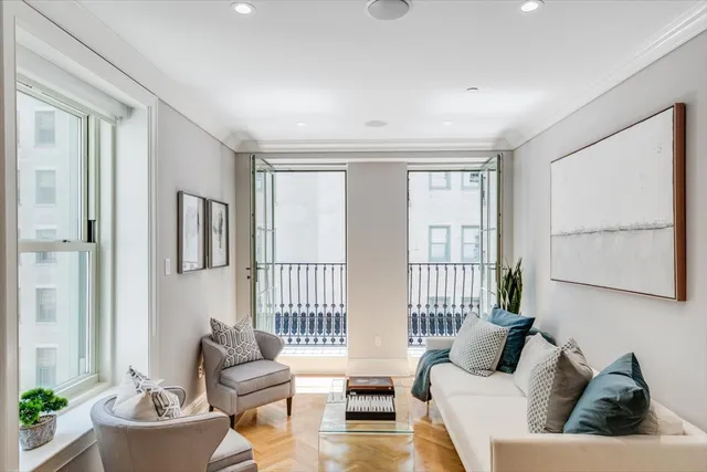a living room with furniture and a potted plant