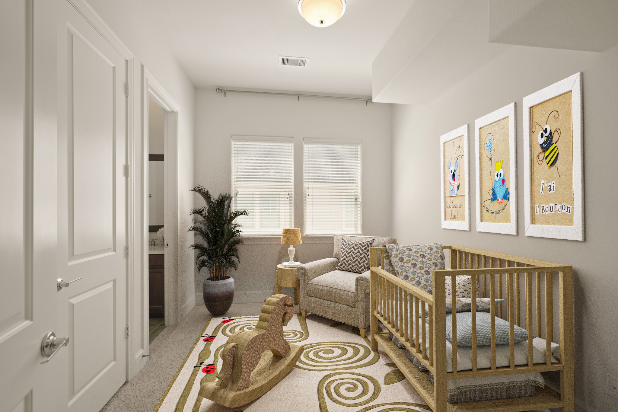 1317 Roy Street Houston, TX 77007 - Photo 27 of 50 The second bedroom features carpet, windows and an ensuite bath. Large windows with blinds include a curtain rod ready for window treatments. A light fixture brightens the room, and a double-door closet offers plenty of storage. This room has been virtually staged.