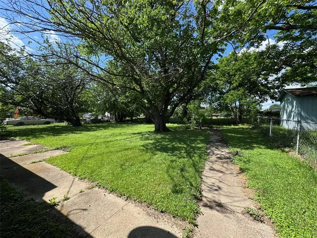 a view of a park with large trees
