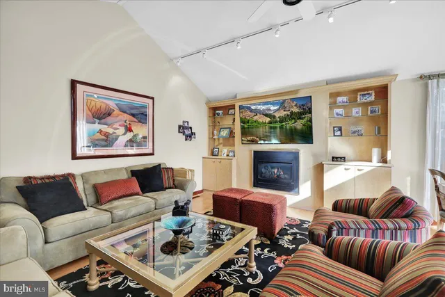 a living room with furniture a fireplace and a large window