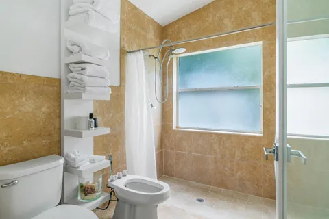 a bathroom with a shower and a toilet