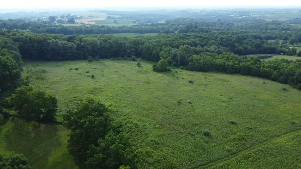 a view of a green field with trees in the background