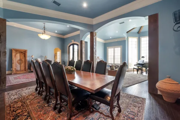 a view of a dining room with furniture