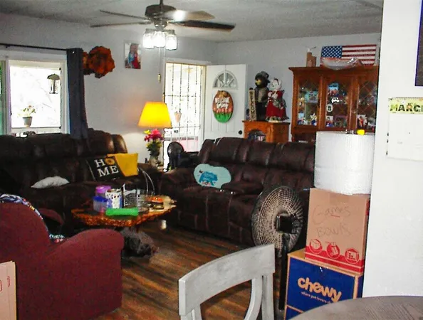 a living room with furniture and a lamp
