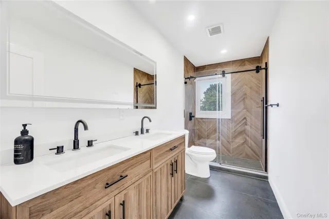 a bathroom with a double vanity sink mirror and toilet