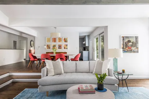 a living room with furniture and a potted plant