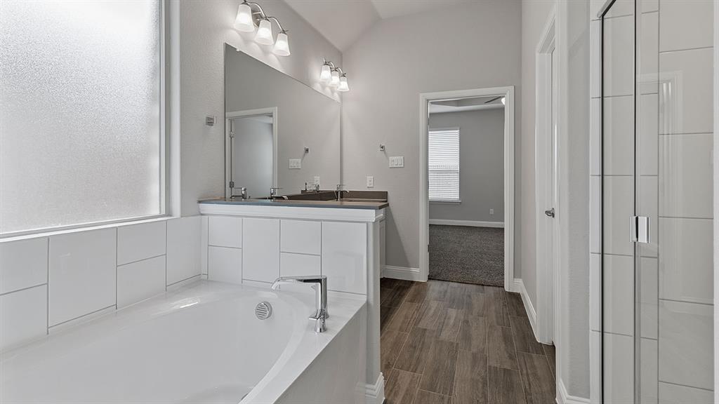 11312 Treehouse Trail Justin, TX 76247 - Photo 15 of 31 a bathroom with a bathtub a mirror a vanity and a shower