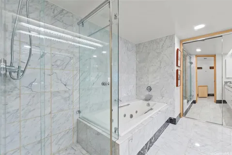 a bathroom with a bathtub and a shower