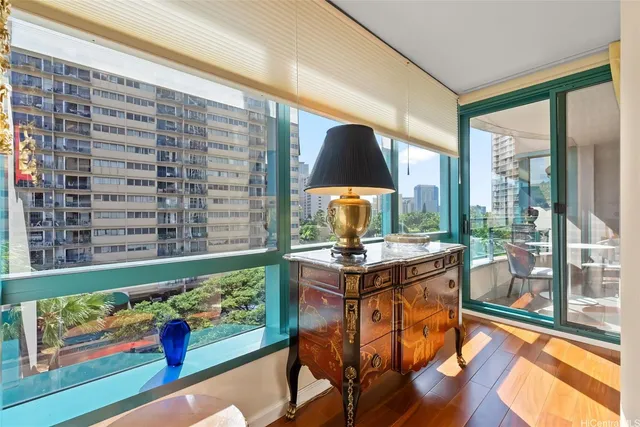 a view of a room with a window