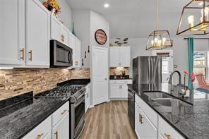 5821 Rostherne Drive Aubrey, TX 76227 - Photo 9 of 21 a kitchen with granite countertop a stove a sink and a microwave